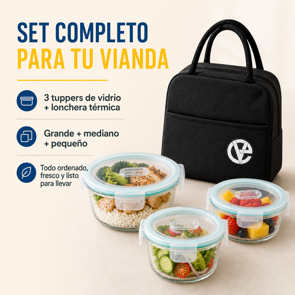 Set Vianda: 3 Tappers de Vidrio + Lonchera Térmica