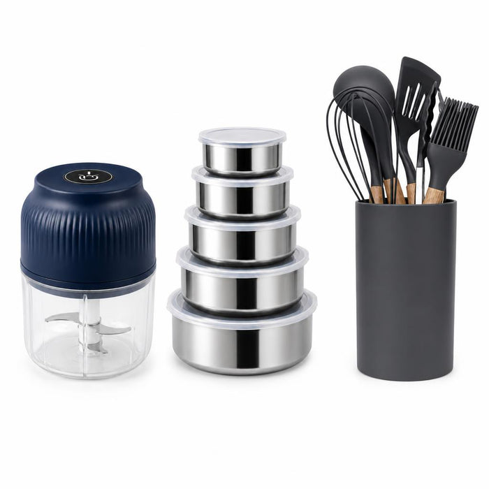 Combo cocina completa: picadora eléctrica USB, set de 5 recipientes de acero inoxidable y set de 7 utensilios de silicona