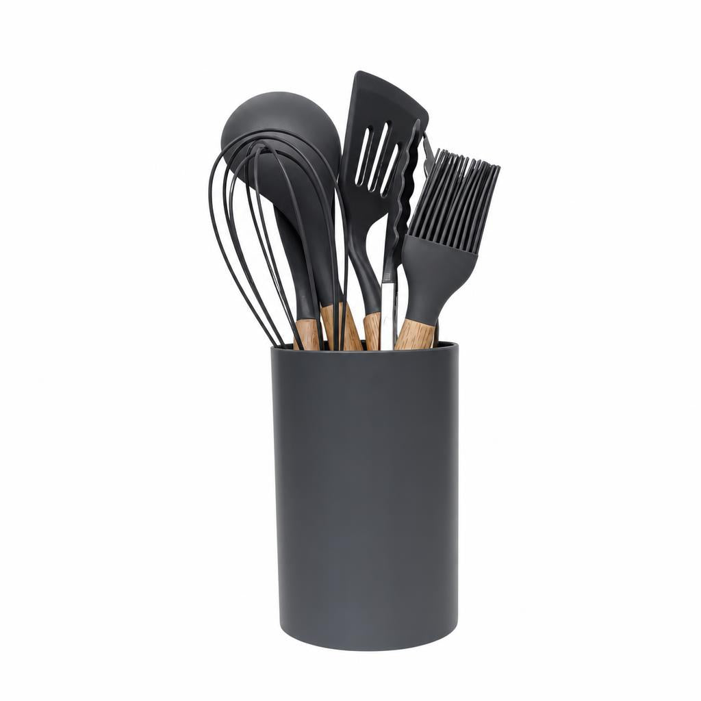 Set de 7 utensilios de cocina en silicona y madera, foto de estudio