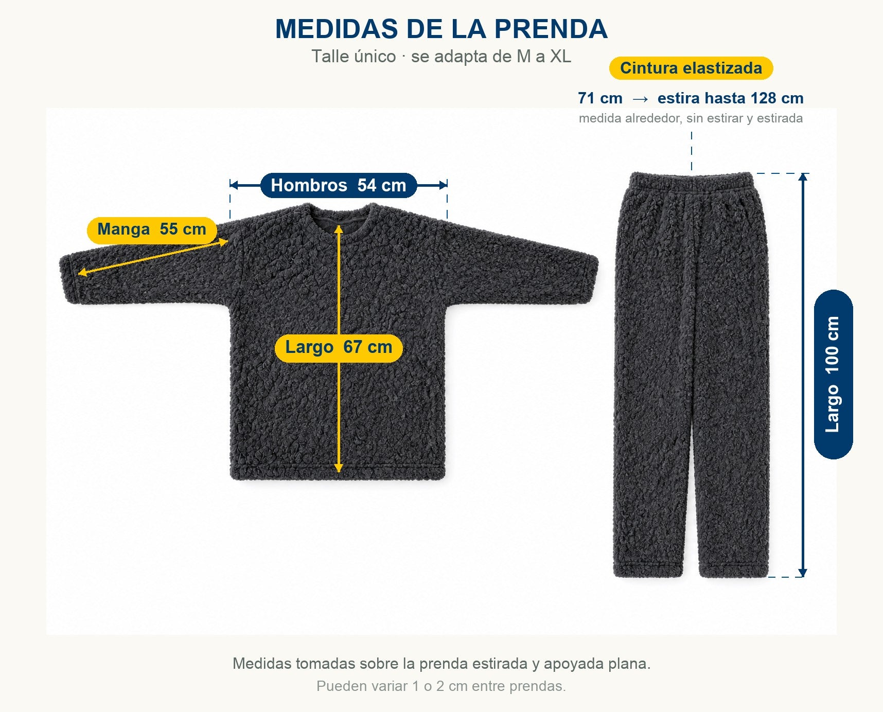 Medidas del pijama: buzo 67 cm de largo, manga 55 cm, hombros 54 cm de ancho; pantalón 100 cm de largo con cintura elastizada de 71 a 128 cm