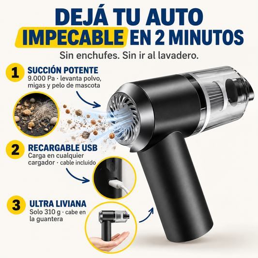 Mini aspiradora portatil recargable: deja tu auto impecable en 2 minutos, con 9000 Pa de succion, recargable por USB y ultraliviana