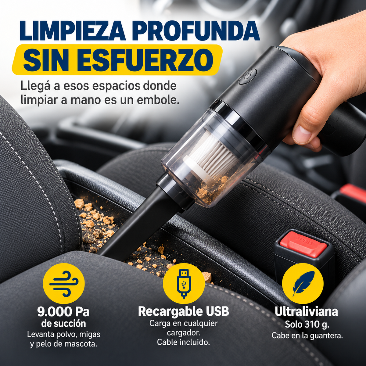 Mini aspiradora limpiando entre los asientos del auto, llega a los lugares donde a mano no llegas