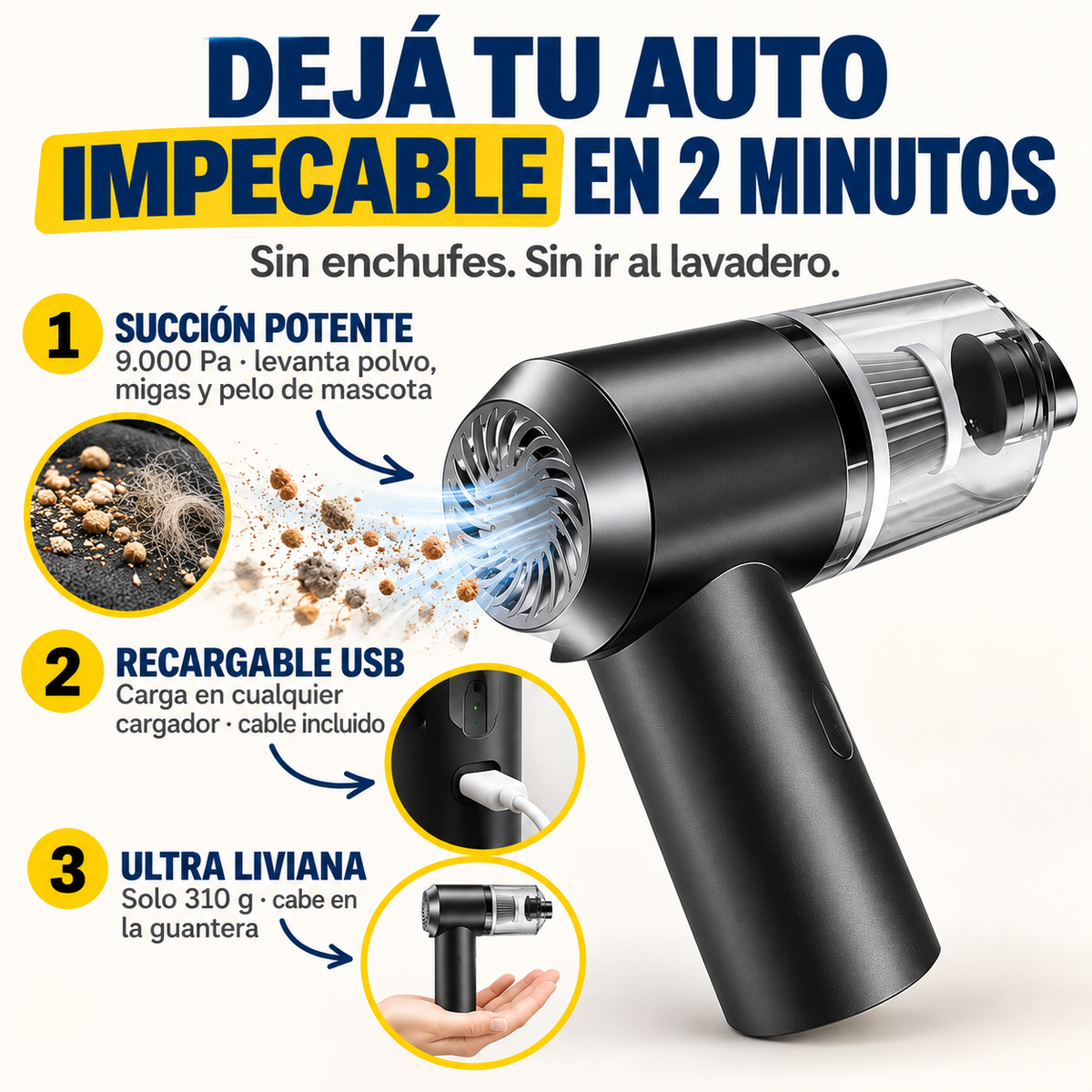 Mini aspiradora portatil con 9000 Pa de succion potente, carga USB y 310 g de peso
