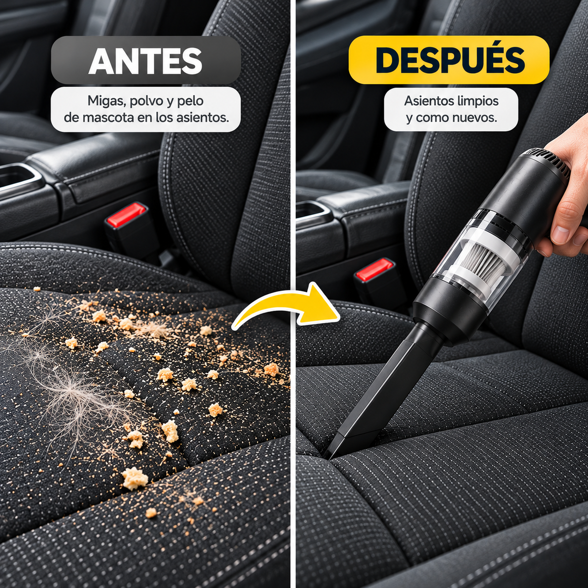 Comparacion antes y despues: asientos de auto llenos de migas y pelo de mascota vs limpios tras usar la mini aspiradora