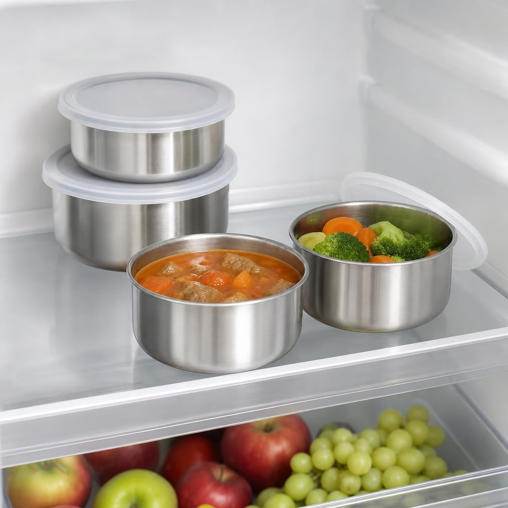 Recipientes de acero inoxidable con comida guardada en la heladera