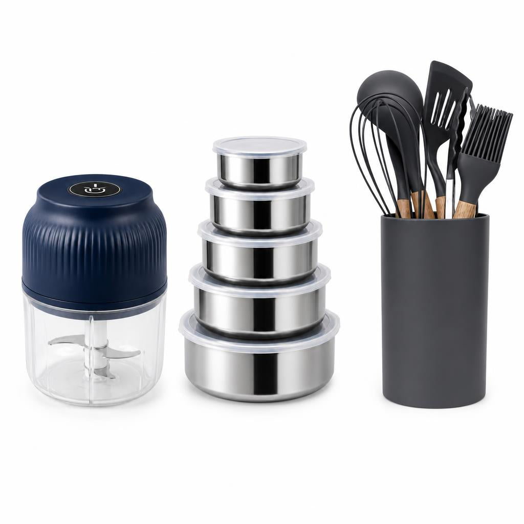 Combo cocina completa: picadora eléctrica USB, set de 5 recipientes de acero inoxidable y set de 7 utensilios de silicona