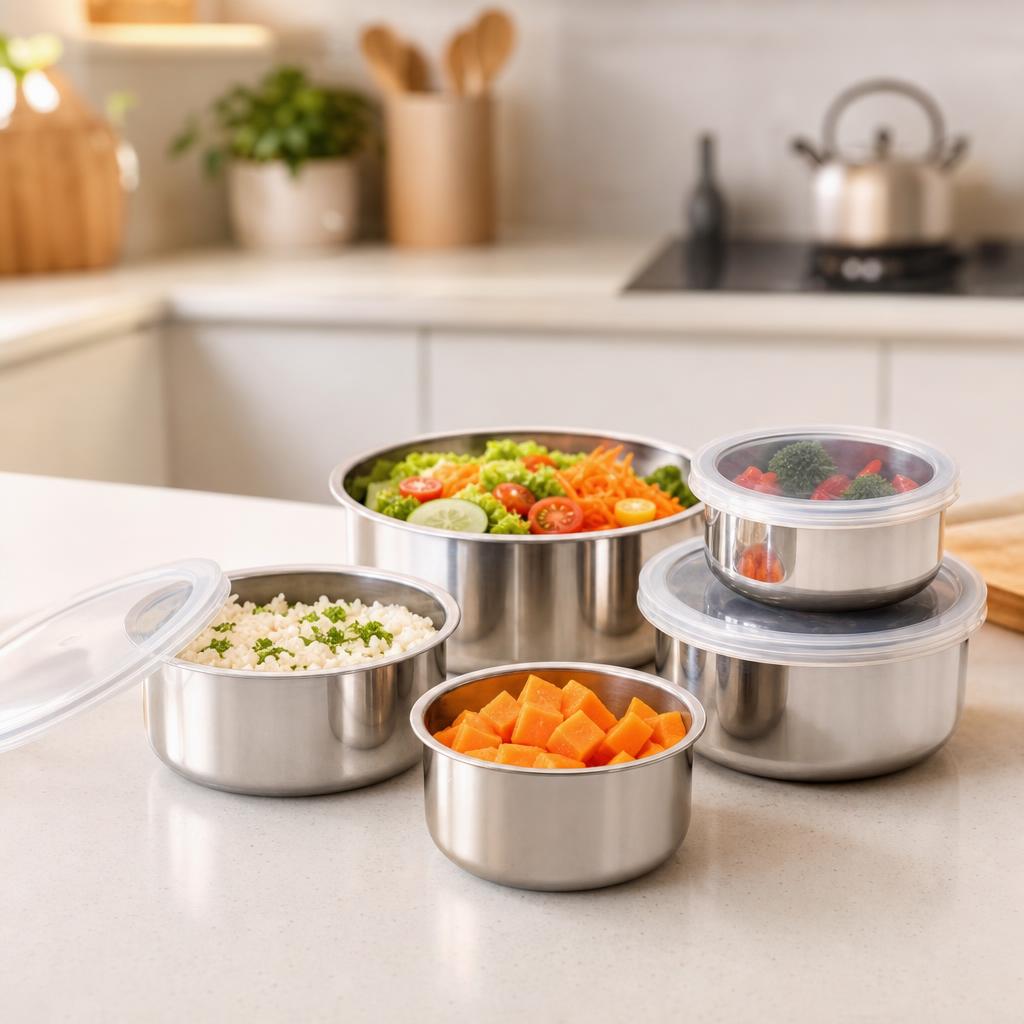 Recipientes de acero inoxidable con comida real organizada en la mesada