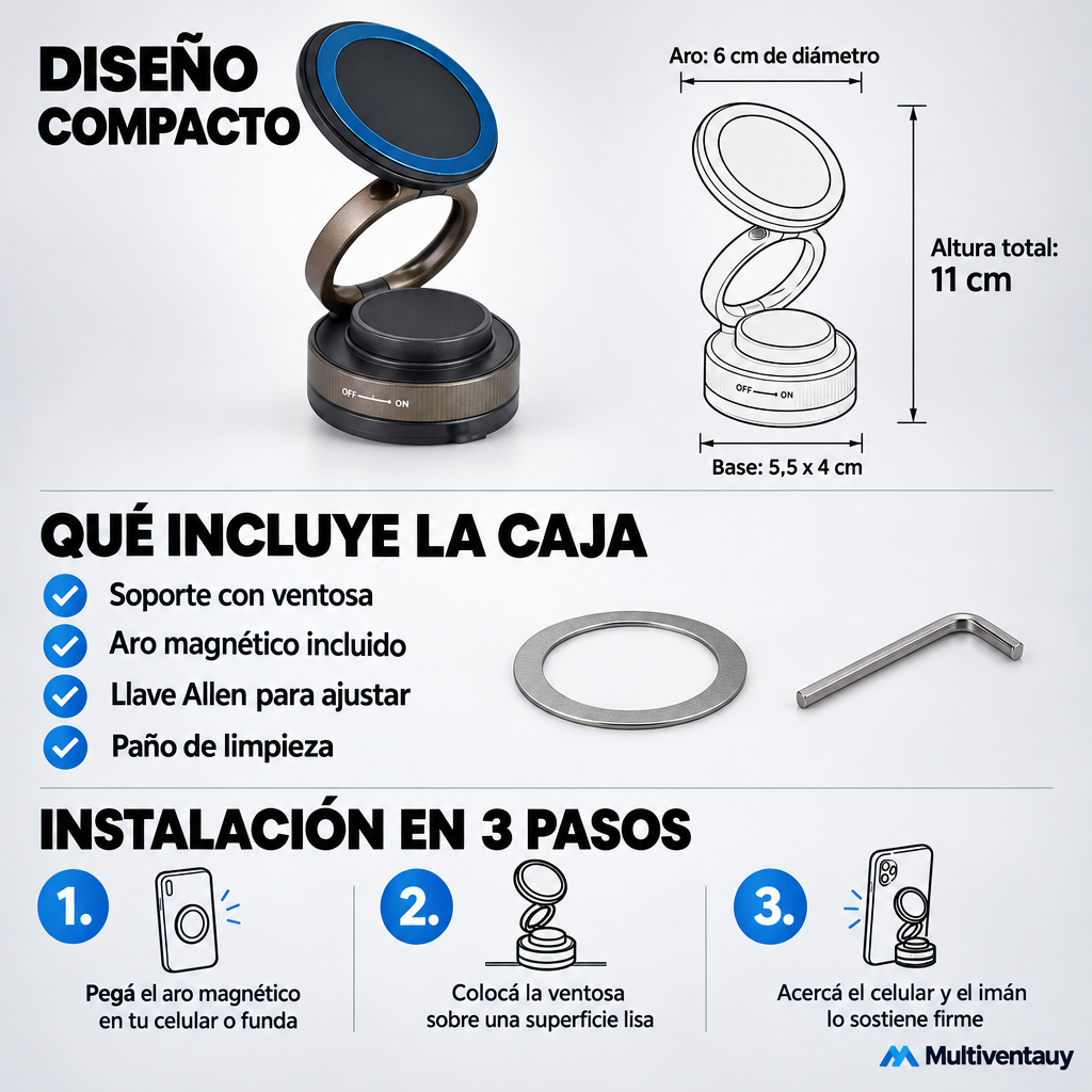 Soporte Magnético 360° para Celular — Ventosa al Vacío