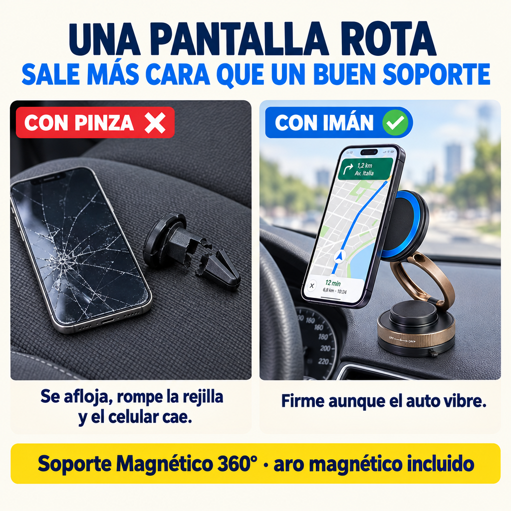 Una pantalla rota sale más cara que un buen soporte: con pinza vs con imán