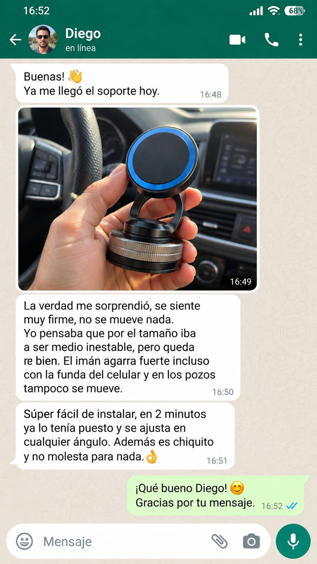Testimonio WhatsApp de Diego sobre el Soporte Magnético
