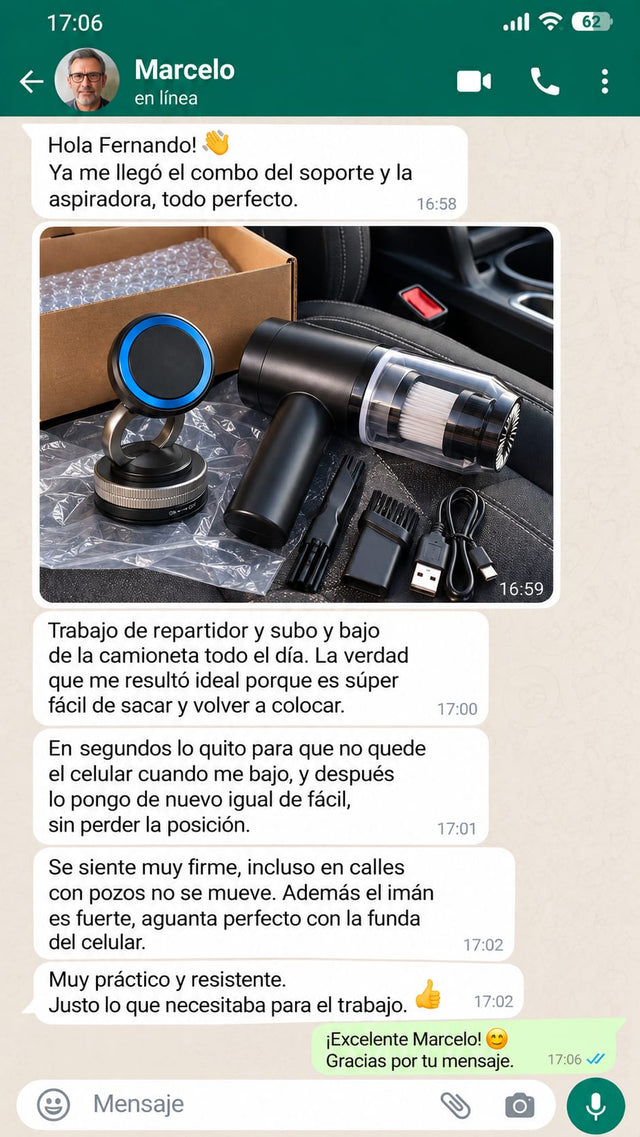 Testimonio WhatsApp de Marcelo sobre el combo Soporte y Aspiradora