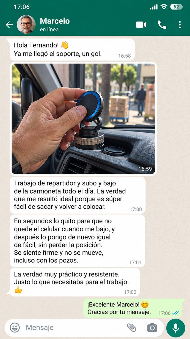 Testimonio WhatsApp de Marcelo sobre el Soporte Magnético