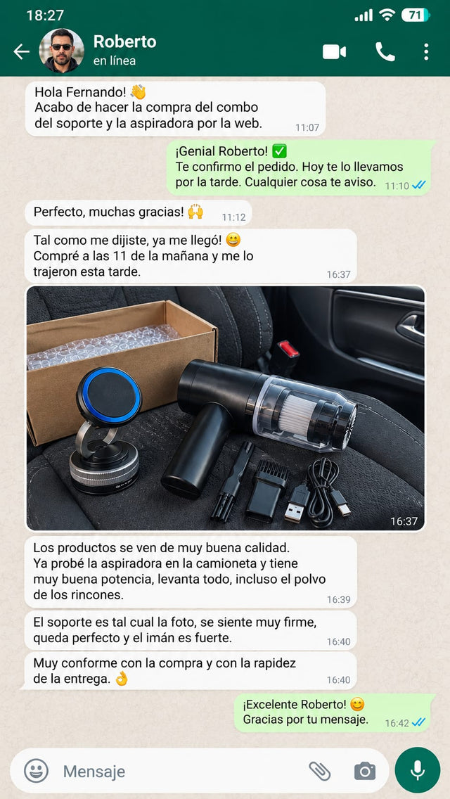 Testimonio WhatsApp de Roberto sobre el combo Soporte Magnetico y Mini Aspiradora
