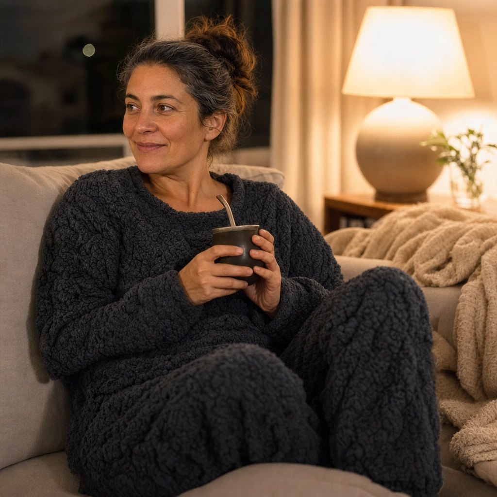 Mujer en el sillón con el pijama plush gris